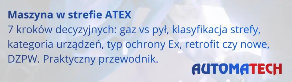 Maszyna w strefie ATEX – 7 kroków decyzyjnych: gaz vs pył, klasyfikacja strefy, kategoria urządzeń, typ ochrony Ex, retrofit, DZPW. Przewodnik Automatech.