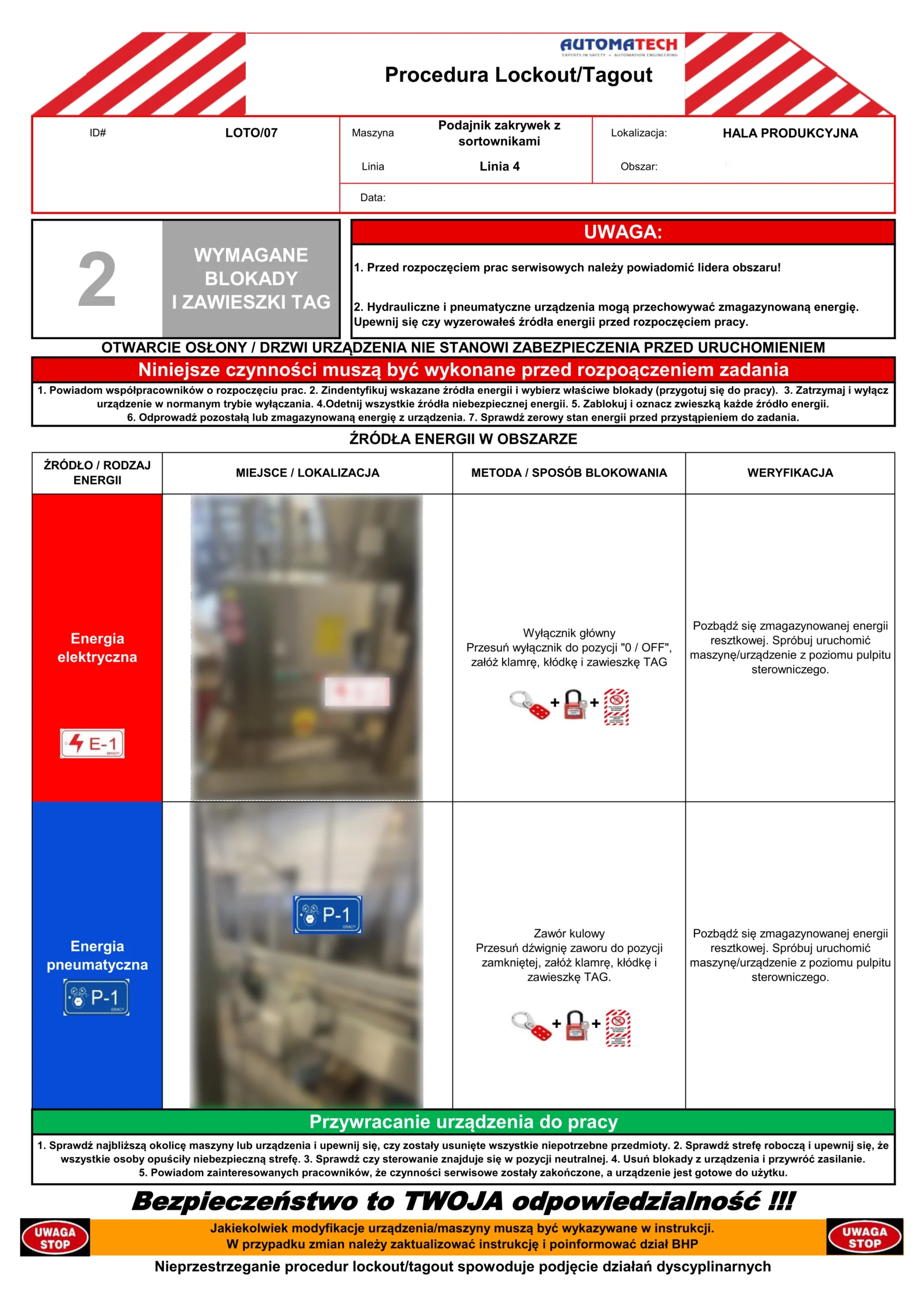 Instrukcja stanowiskowa Lockout Tagout (LOTO) z oznaczeniem punktów odcięcia energii elektrycznej i pneumatycznej przy maszynie produkcyjnej.