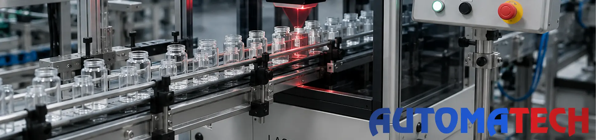 Themis dystrybutor Polska – stanowisko znakowania laserowego fiolek na linii produkcyjnej